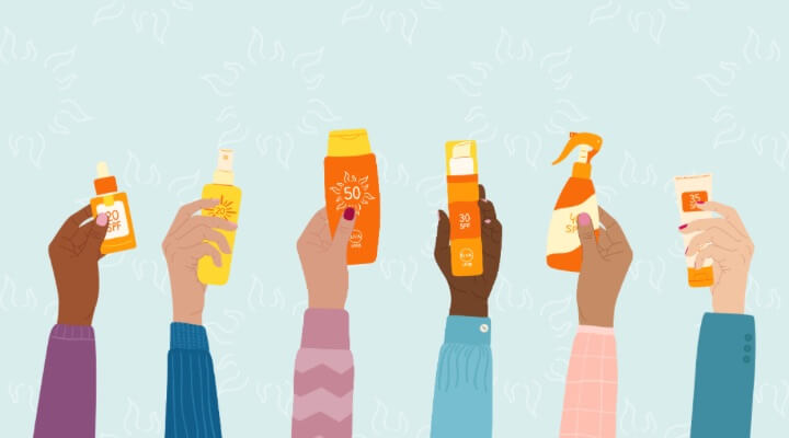 graphic of diverse hands holding up sunscreen